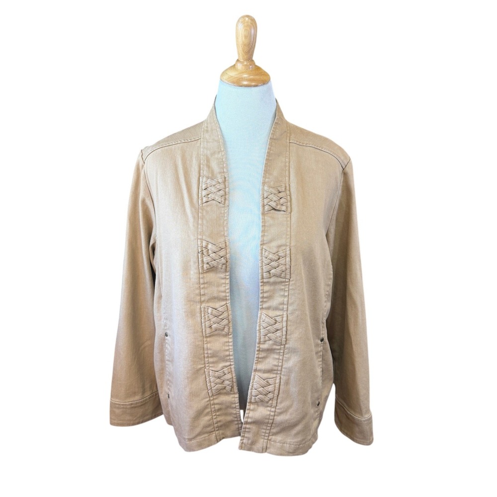 Alfred Dunner Tan Khaki Braided Trim Boho Y2K Open Front Jacket Plus Size 16